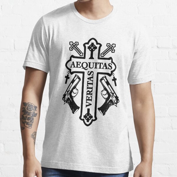 "Aequitas Veritas Spruch Kreuz und Waffen Kult Design Pistolen Schwarz