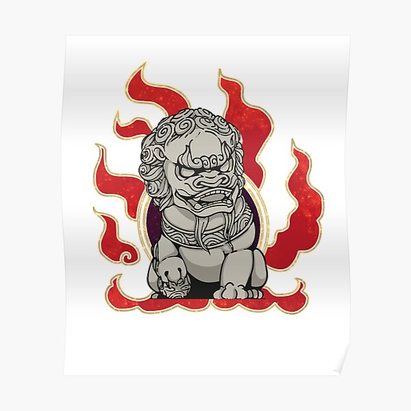 Chinese Stone Guardian Lion Statue Fire Poster