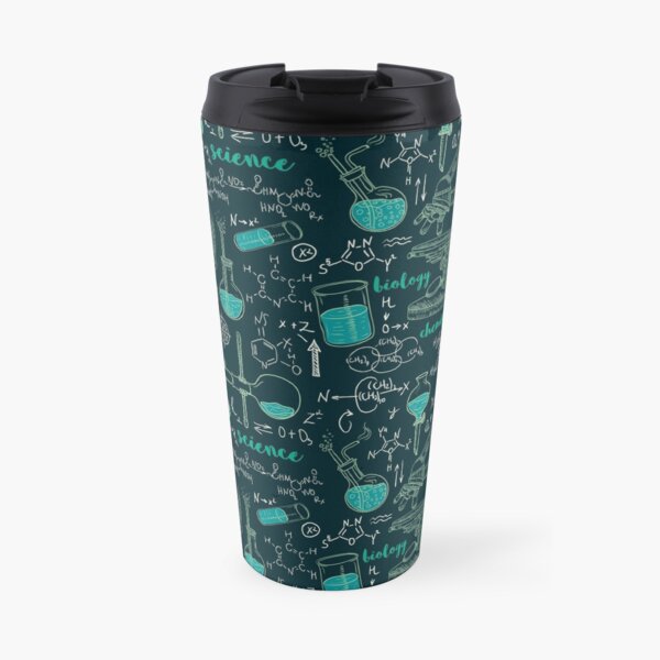 Vintage seamless pattern old chemistry laboratory with microscope, tubes and formulas. Travel Mug