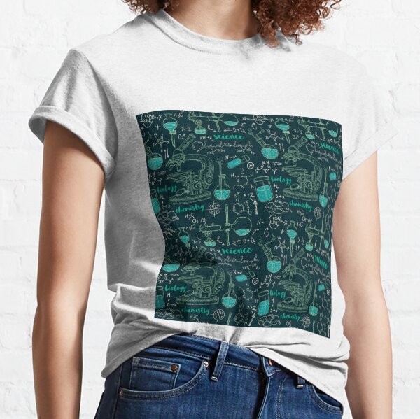 Vintage seamless pattern old chemistry laboratory with microscope, tubes and formulas. Classic T-Shirt