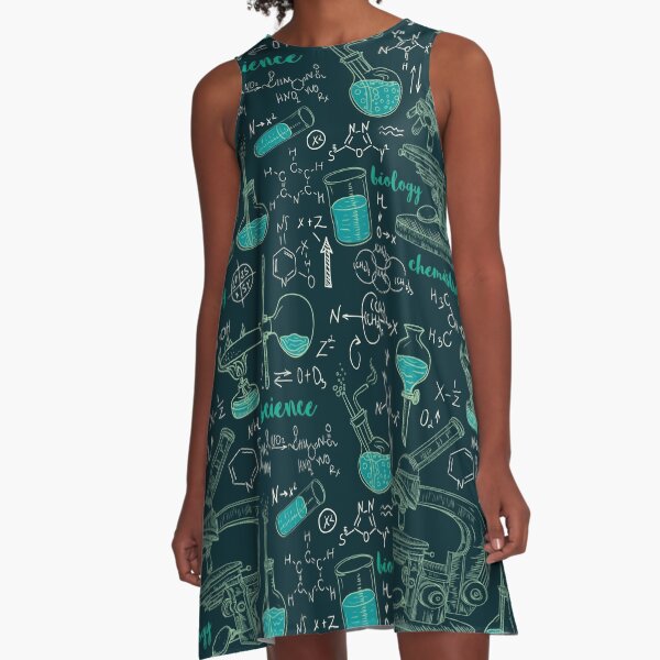 Vintage seamless pattern old chemistry laboratory with microscope, tubes and formulas. A-Line Dress