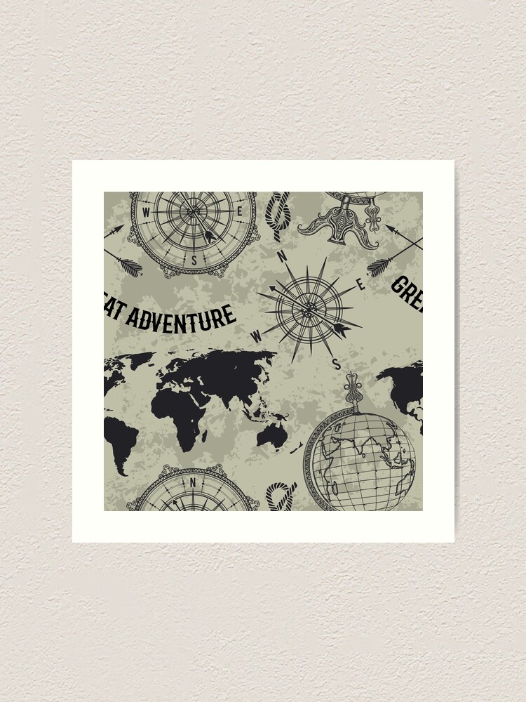 Seamless Pattern With Vintage Globe Compass World Map And Wind Rose Retro Hand Drawn Vector