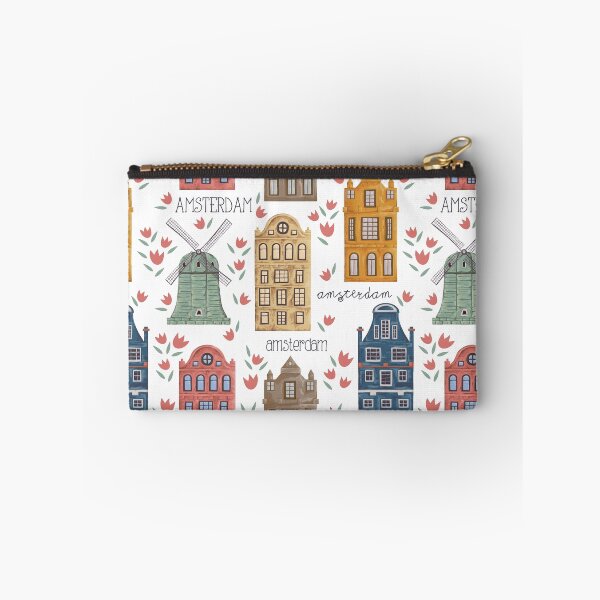 Item preview, Amsterdam. Seamless pattern with old historic buildings and traditional architecture of Netherlands. Windmill and houses with tulip flowers.  designed and sold by kateja.