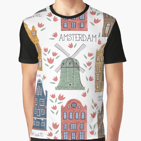 Item preview, Amsterdam. Seamless pattern with old historic buildings and traditional architecture of Netherlands. Windmill and houses with tulip flowers.  designed and sold by kateja.