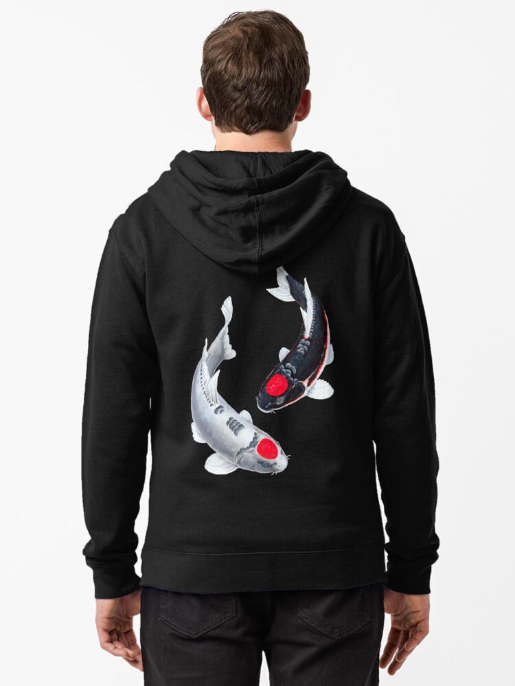 Zipped Hoodie, Koi Fish Tancho Black White designed and sold by Koiartsandus