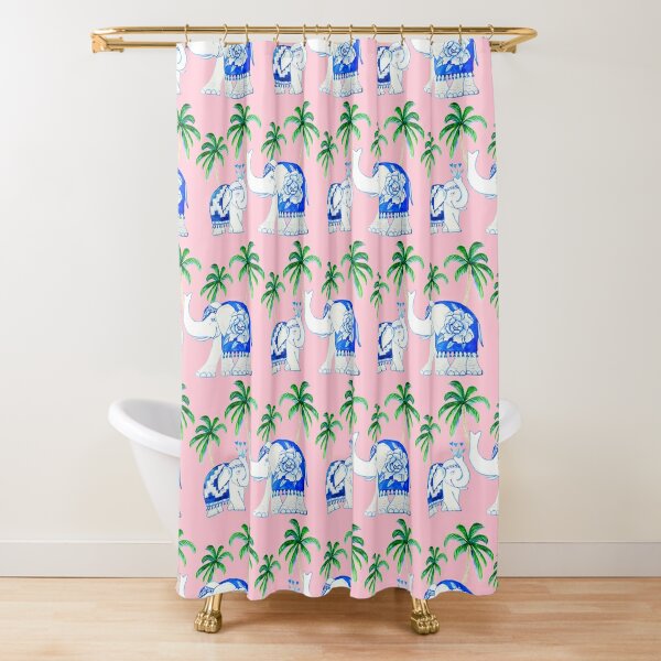Chinoiserie elephants with palms on pink Shower Curtain