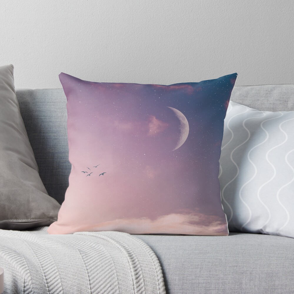 Birds in pink sky Throw Pillow