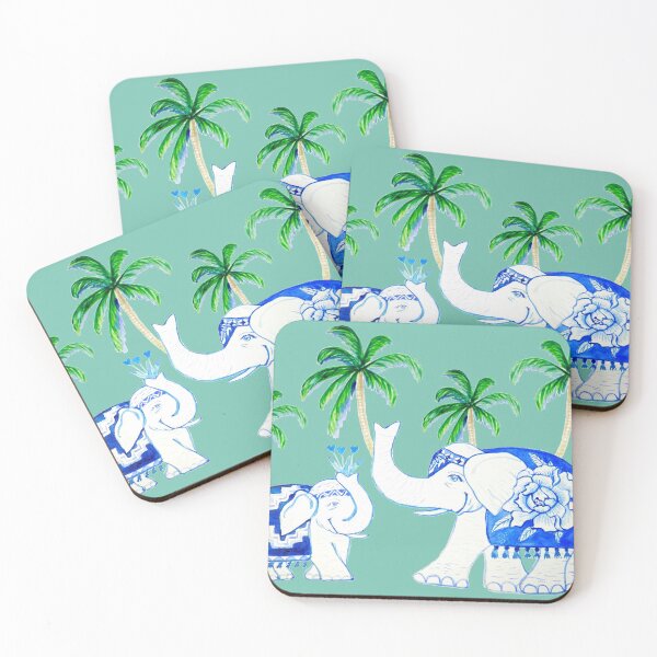 Item preview, Chinoiserie elephants on mint, blue and white porcelain elephants designed and sold by MagentaRose.