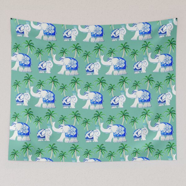 Item preview, Chinoiserie elephants on mint, blue and white porcelain elephants designed and sold by MagentaRose.