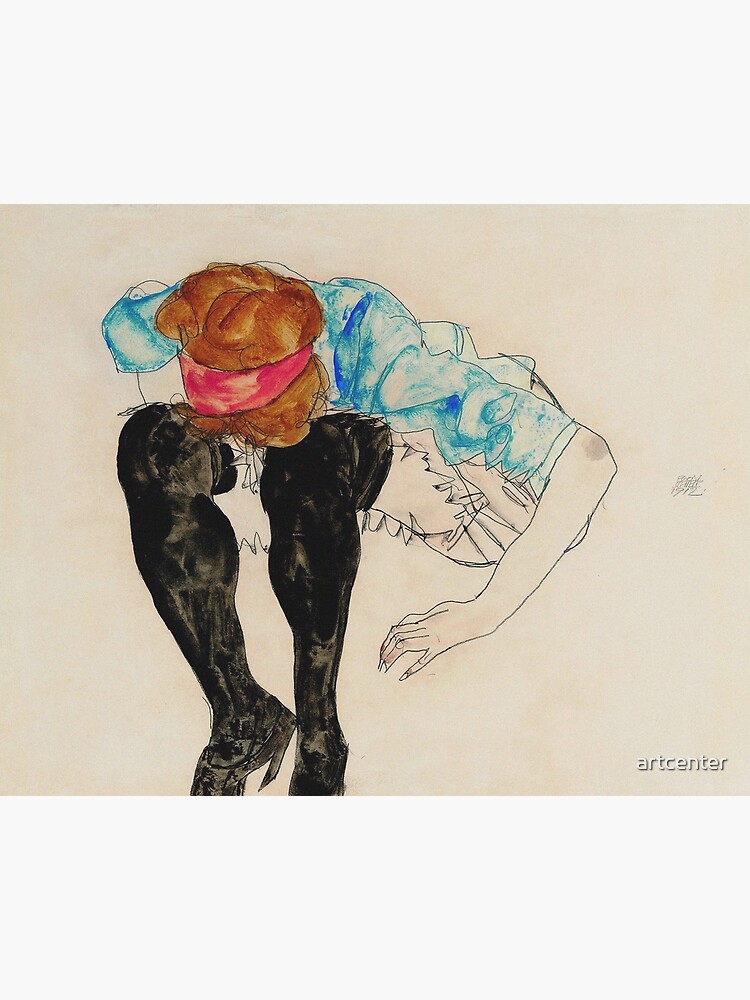 Black Stocking パステル+アクリル絵の具画 女性の脚 Egon Schiele - Blond Girl, Leaning Forward With Black