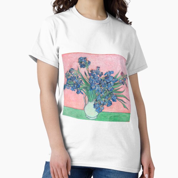 Vista previa del artículo con la obra «Iris Van Gogh en florero fondo rosa», diseñado y vendido por Vicky Brago-Mitchell®.