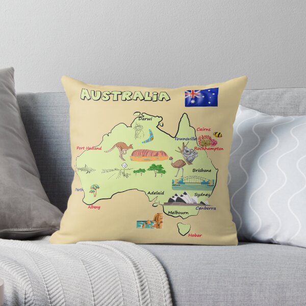 map of Australia with major cities, flag, and landmarks, Australia Map Throw Pillow