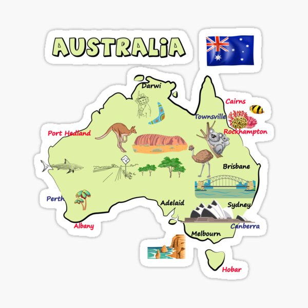 Beroligende middel hinanden naturlig map of Australia with major cities, flag, and landmarks, Australia Map"  Sticker by mashmosh | Redbubble