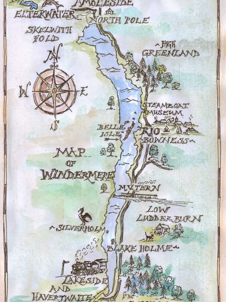 Swallows and Amazons map of Windermere in spring colours - by SophieNeville