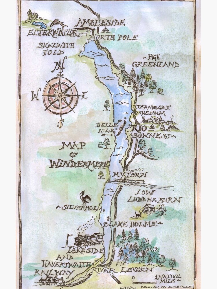 Swallows and Amazons map of Windermere in spring colours - by SophieNeville