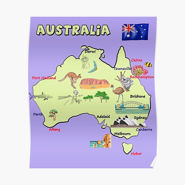 Australia Tourist Attractions Map Australia Map With Major Cities, Flag, Landmarks And Tourist Attractions"  Poster By Mashmosh | Redbubble