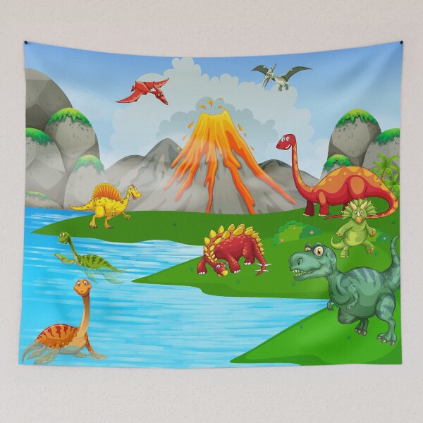 Item preview, prehistoric landscape, cute cartoon dinosaurs volcano mountains designed and sold by mashmosh.
