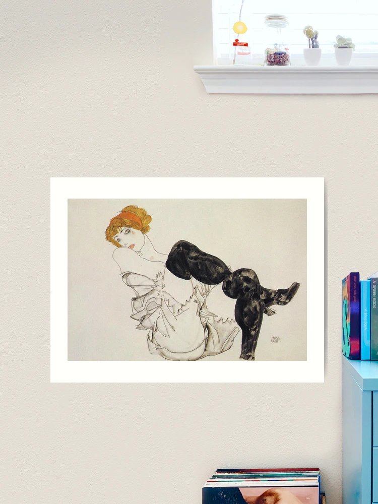 Black Stocking パステル+アクリル絵の具画 女性の脚 Egon Schiele - Blond Girl, Leaning Forward With Black