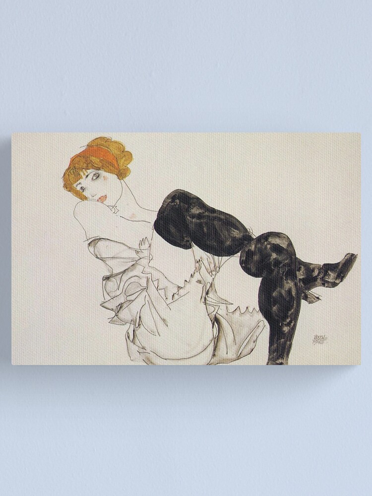Black Stocking パステル+アクリル絵の具画 女性の脚 Egon Schiele - Blond Girl, Leaning Forward With Black