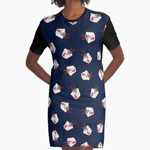 Take-Out Noodles Box Pattern on Navy Blue Graphic T-Shirt Dress