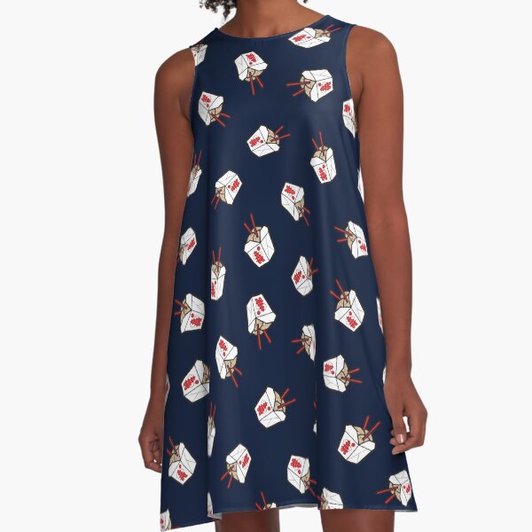 Take-Out Noodles Box Pattern on Navy Blue A-Line Dress