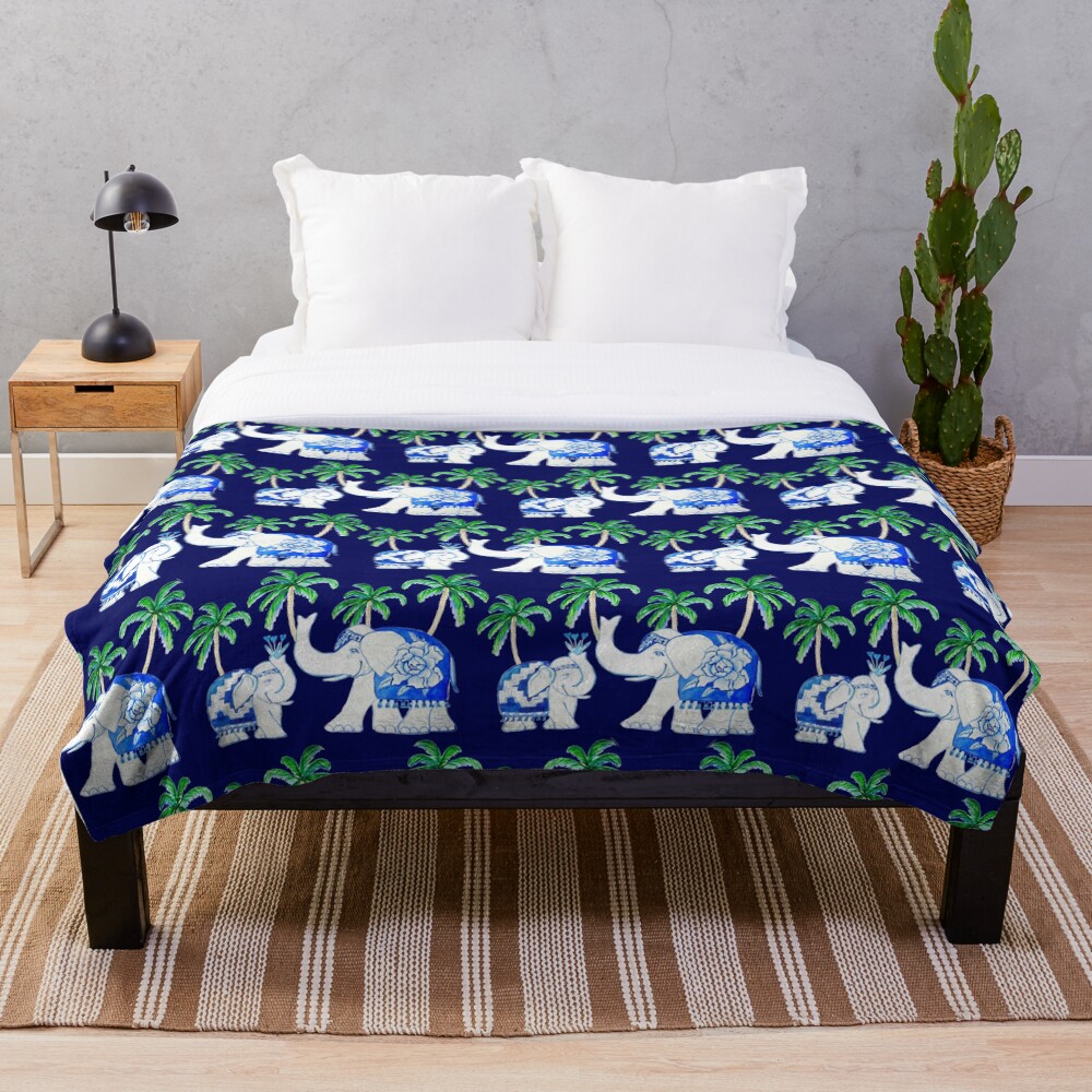 Chinoiserie elephants on classic blue with palm trees Throw Blanket