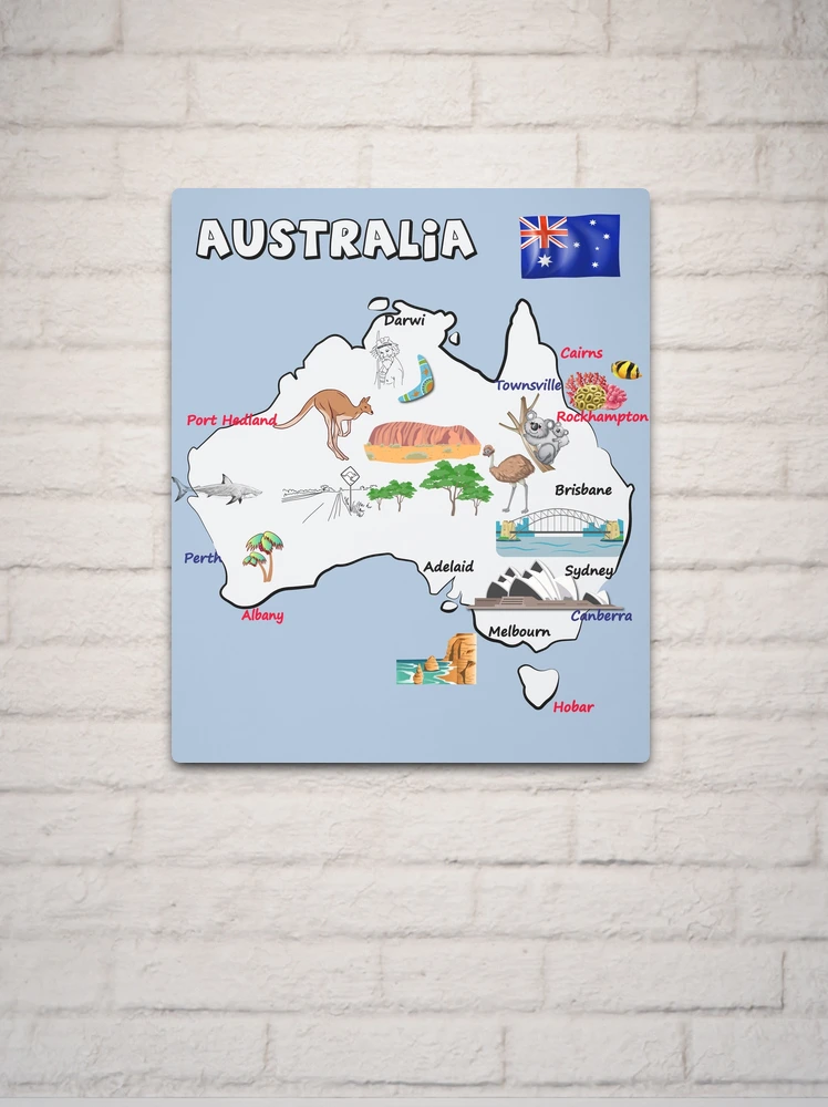 Map of Australia with major cities flag landmarks and tourist attractions Metal Print