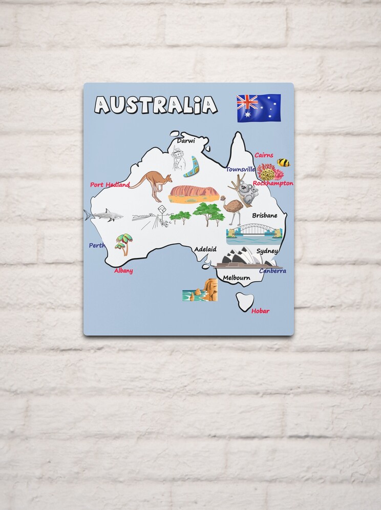 Map of Australia with major cities flag landmarks and tourist attractions Metal Print