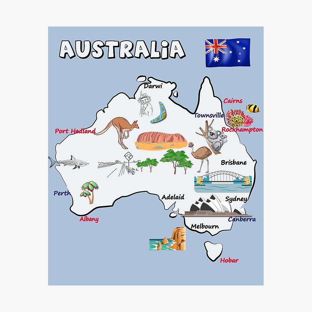 væske Ja tofu Map of Australia with major cities, flag, landmarks and tourist attractions"  Poster by mashmosh | Redbubble