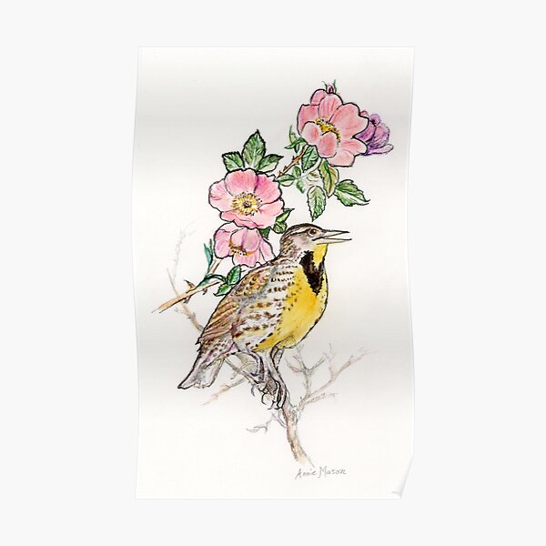 North Dakota State Bird and Flower Poster