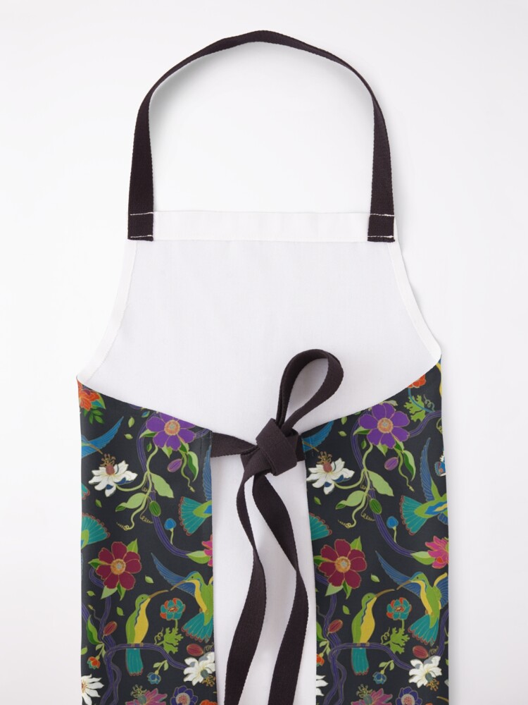Alternate view of Hummingbirds and Passionflowers - Cloisonne on Black - pretty floral bird pattern by Cecca Designs Apron