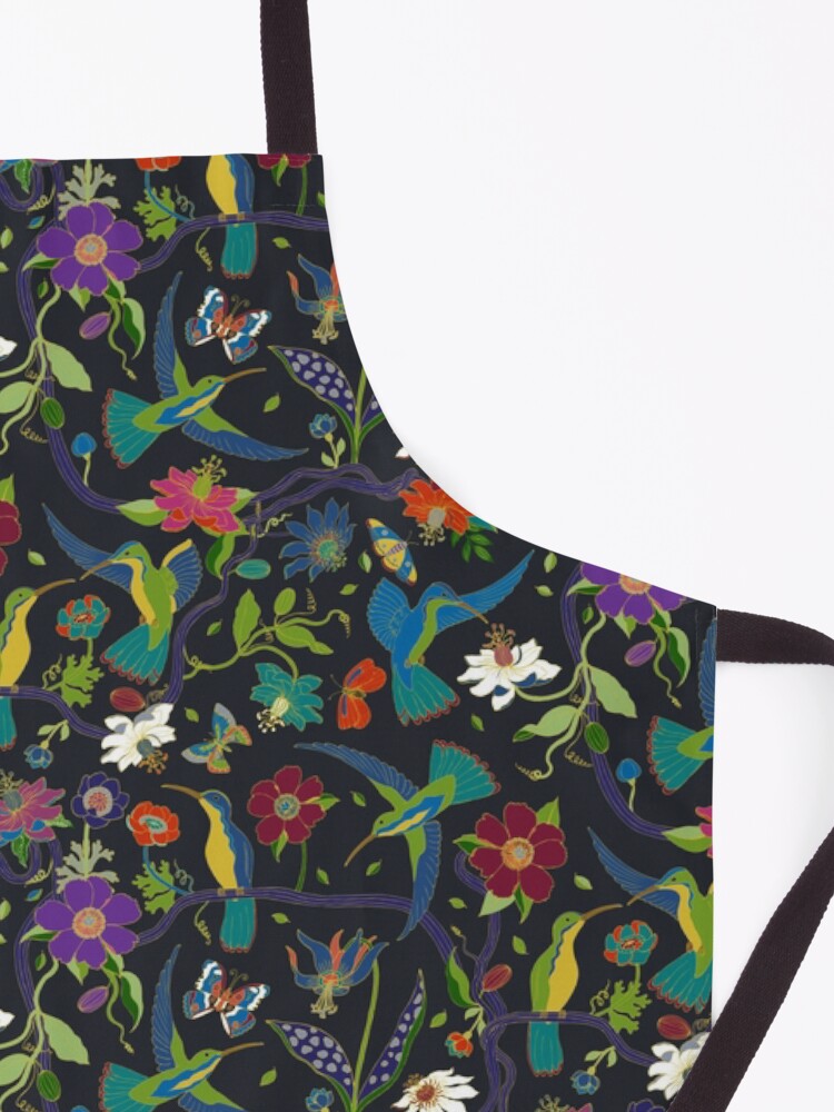 Alternate view of Hummingbirds and Passionflowers - Cloisonne on Black - pretty floral bird pattern by Cecca Designs Apron
