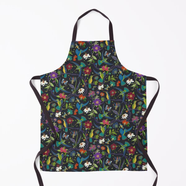 Hummingbirds and Passionflowers - Cloisonne on Black - pretty floral bird pattern by Cecca Designs Apron