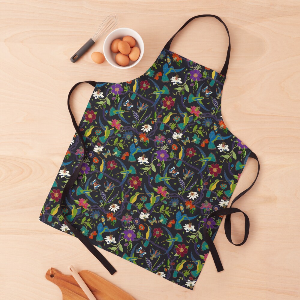 Hummingbirds and Passionflowers - Cloisonne on Black - pretty floral bird pattern by Cecca Designs Apron