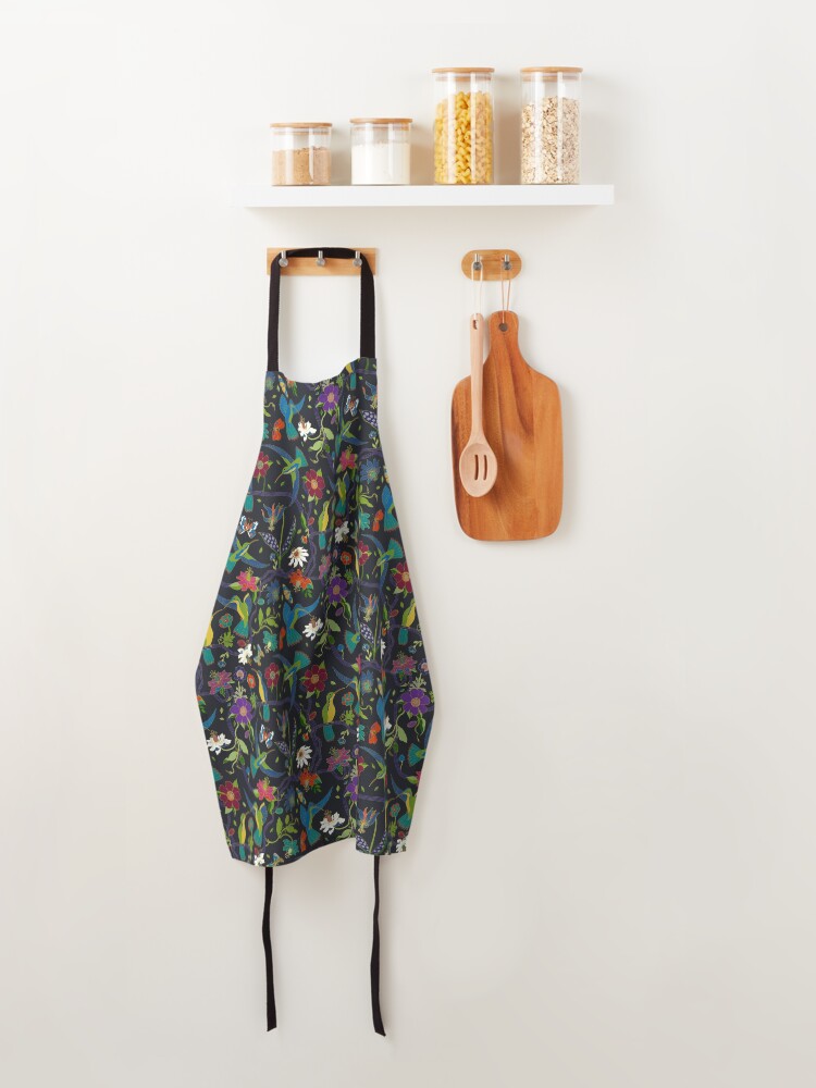 Alternate view of Hummingbirds and Passionflowers - Cloisonne on Black - pretty floral bird pattern by Cecca Designs Apron