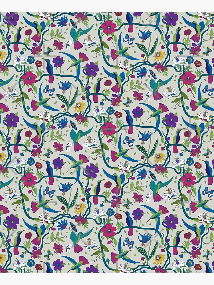 Hummingbirds & Passion flowers - on grey - pretty floral bird pattern by Cecca Designs by Cecca-Designs