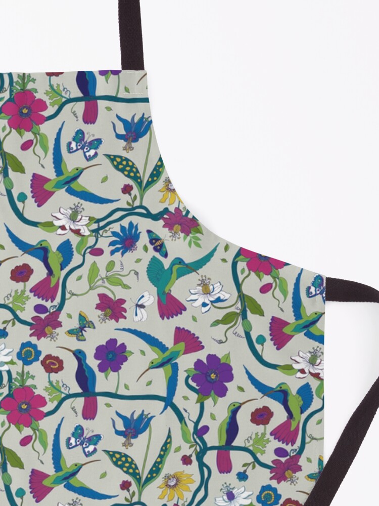 Alternate view of Hummingbirds & Passion flowers - on grey - pretty floral bird pattern by Cecca Designs Apron