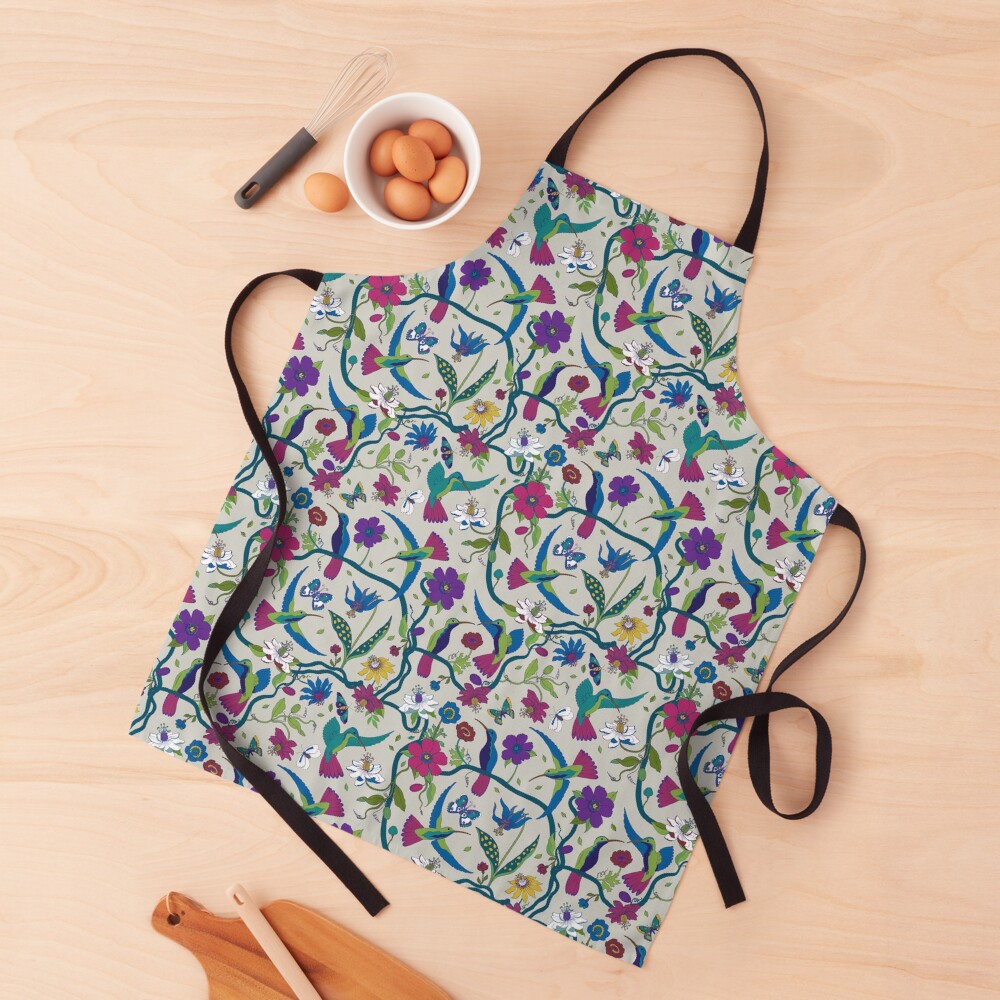 Hummingbirds & Passion flowers - on grey - pretty floral bird pattern by Cecca Designs Apron