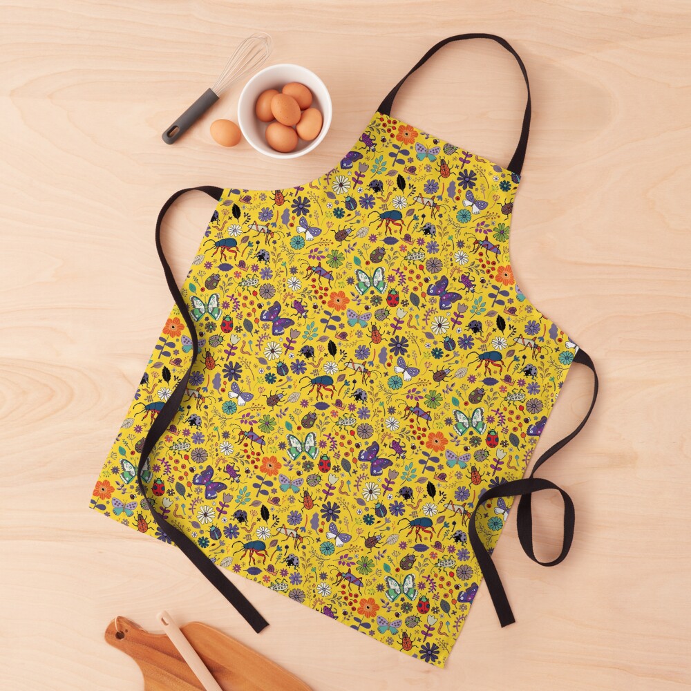 Butterflies, beetles and blooms - Yellow - pretty floral pattern by Cecca Designs Apron