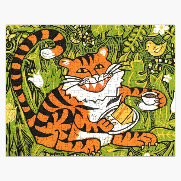 Tiger tea time - Original Linocut by Francesca Whetnall Jigsaw Puzzle
