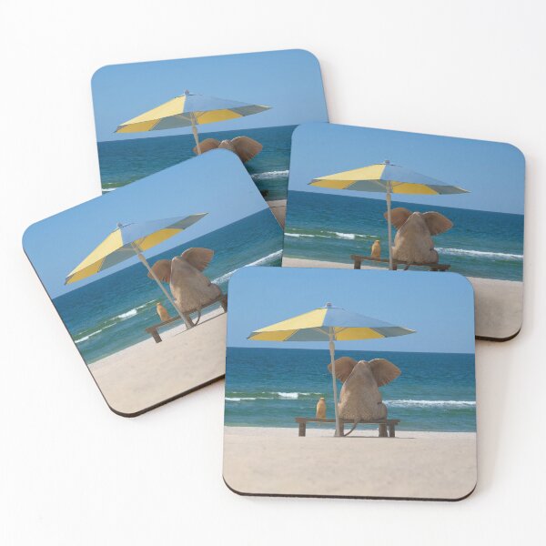 Item preview, elephant and dog sit under an umbrella on the sea beach designed and sold by Mike Kiev art.