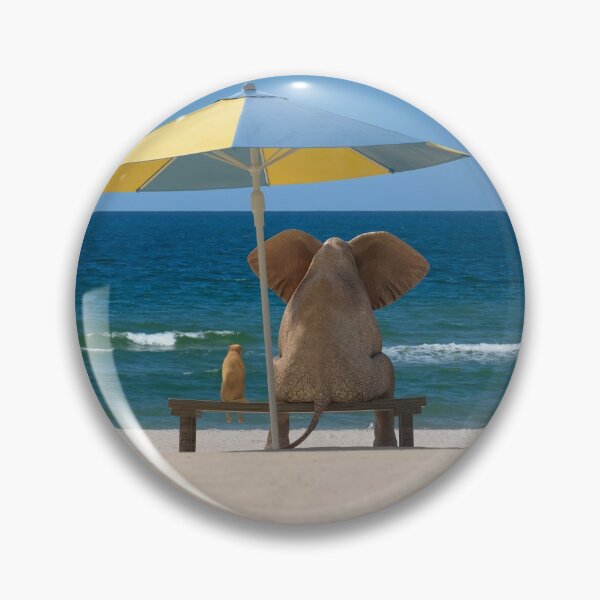 Item preview, elephant and dog sit under an umbrella on the sea beach designed and sold by Mike Kiev art.