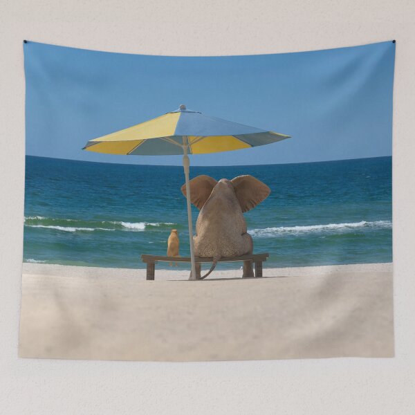 Item preview, elephant and dog sit under an umbrella on the sea beach designed and sold by Mike Kiev art.