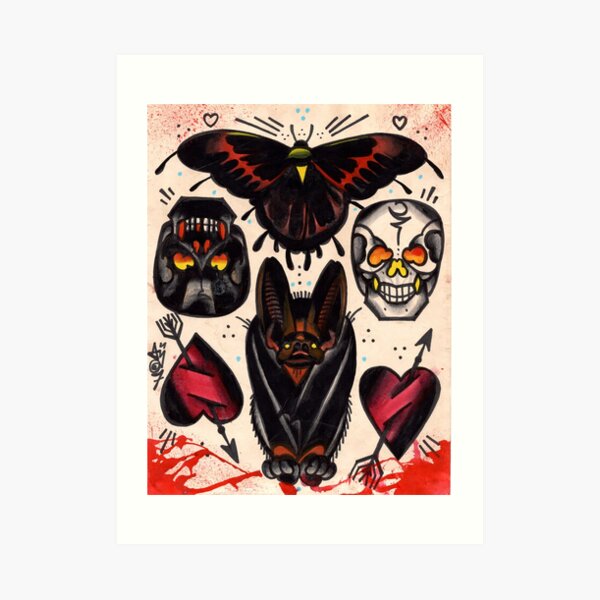 bat, skulls, hearts. old school tattoo flash Art Print