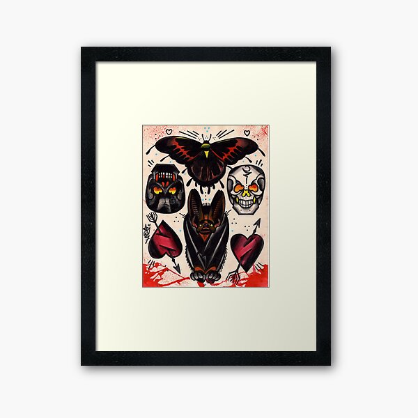 bat, skulls, hearts. old school tattoo flash Framed Art Print