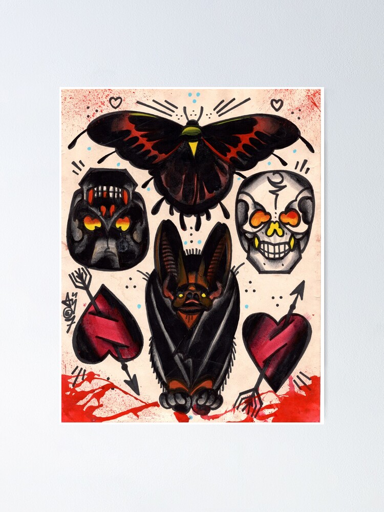 Halloween Bat Lady Flying Bats Cute Traditional Tattoo Flash Style Print by  Ella Mobbs Creep Heart Art Print by Ella Mobbs  Society6