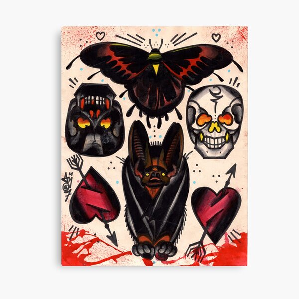 bat, skulls, hearts. old school tattoo flash Canvas Print