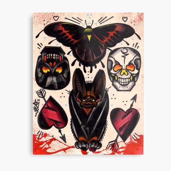 bat, skulls, hearts. old school tattoo flash Metal Print
