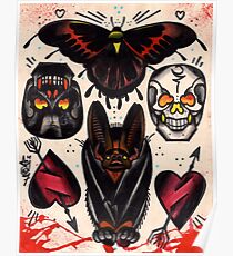 bat, skulls, hearts. old school tattoo flash Poster