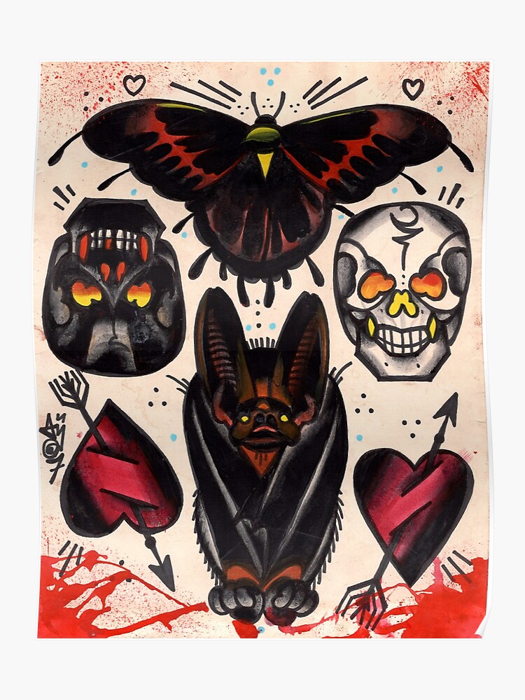 Murciélago Calaveras Corazones Flash De Tatuaje De La Vieja Escuela Póster